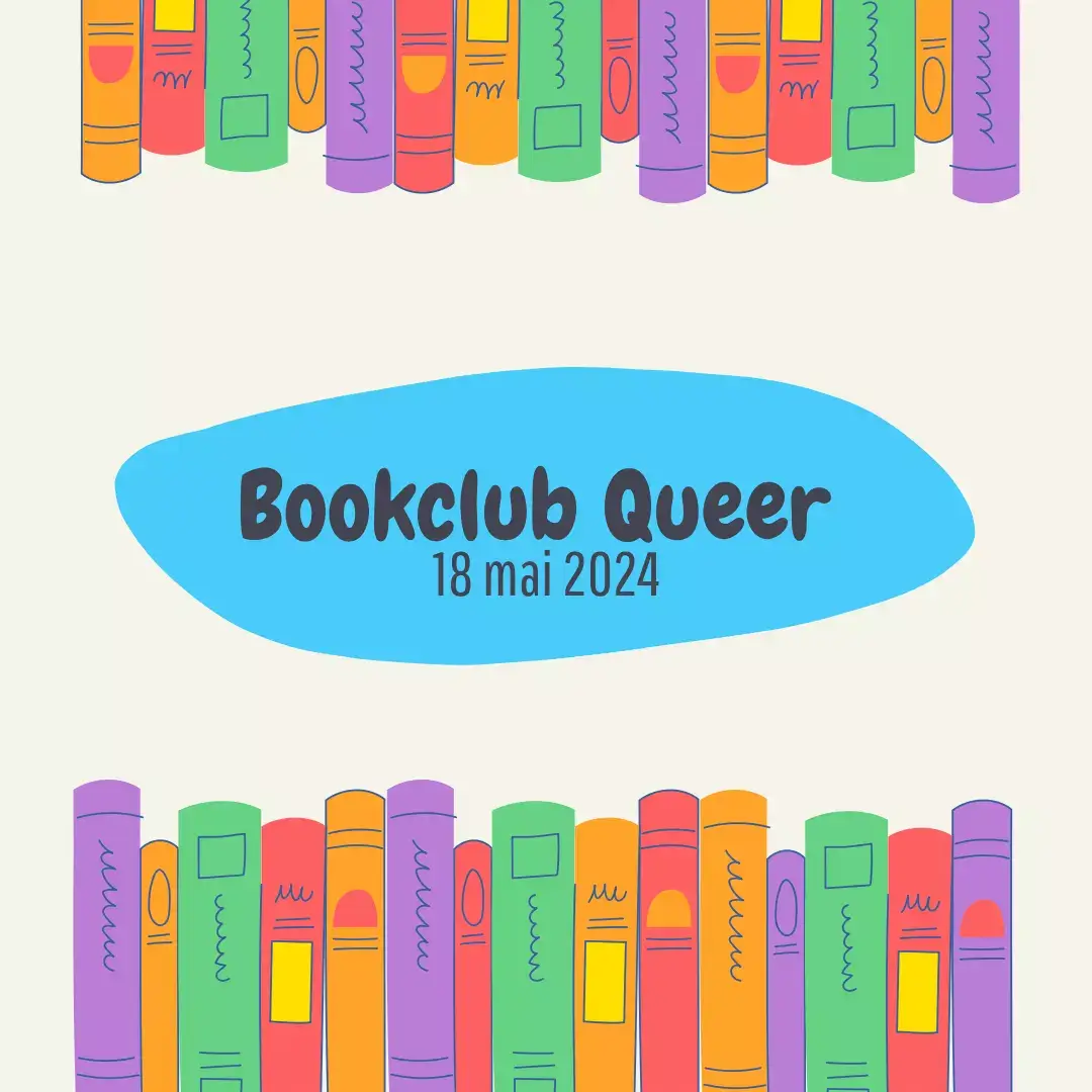 une rangée de livres et un logo annonçant la date du bookclub queer